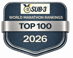 “Sub-3 World Marathon Rankings Top 100 badge for 2026.”
