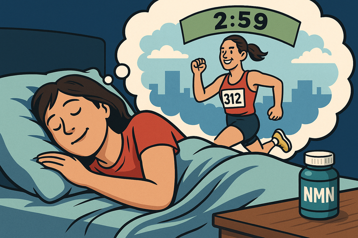 Cartoon of a woman sleeping and dreaming of running a sub-3 marathon, with an NMN bottle on her bedside table and a finish line banner in the background.