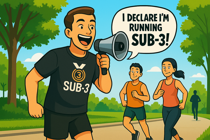 A cheerful cartoon-style runner in a black SUB-3 shirt declares “I declare I’m running SUB-3!” through a megaphone in a park, as two nearby joggers turn their heads.