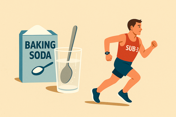 A vintage-style illustration shows a male runner in a “SUB-3” vest sprinting past a glass of water and a box of baking soda, referencing bi-carb supplementation.