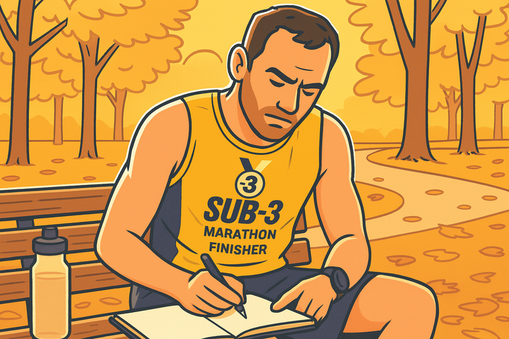 ChatGPT said: A stylised cartoon of a male runner in a yellow SUB-3 MARATHON FINISHER shirt, sitting on a park bench in autumn, writing in a notebook, with a water bottle beside him.
