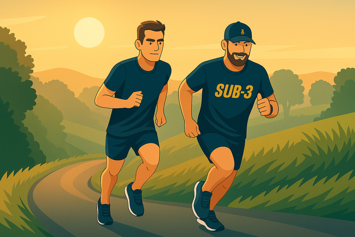 Two runners in Sub-3 gear push hard up a steep country road at sunrise, symbolising the grit, commitment and early starts behind every sub-3 marathon attempt.