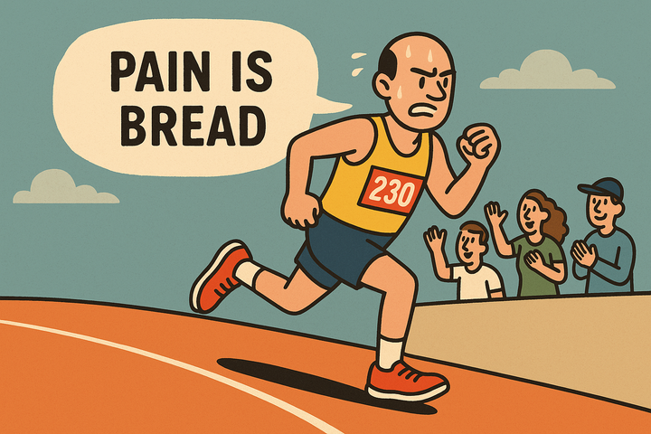 Cartoon-style runner chanting a mantra while grimacing through a marathon, with speech bubbles showing “Pain is bread”.