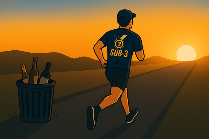 A male runner wearing a Sub‑3 shirt runs toward the sunrise, leaving a bin full of alcohol bottles far behind him on the road.