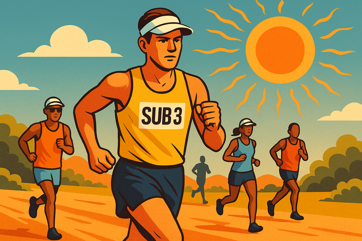 A group of marathon runners train under a blazing sun on a dirt path, with one runner in front wearing a yellow singlet featuring a bold “SUB 3” logo.