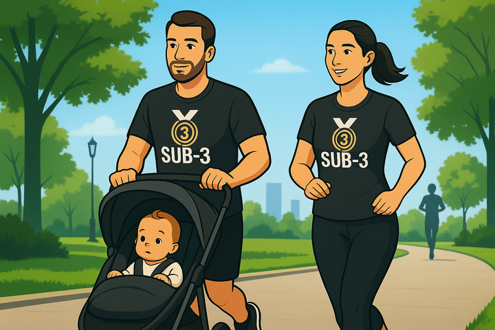 A man pushes a running stroller while jogging with a woman during the day in a park, both wearing Sub-3 shirts, showing how training can fit into family life.