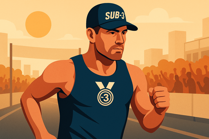 Stylised graphic of a male marathon runner wearing a Sub-3 cap on a sunny day, symbolising the practical and psychological benefits of wearing a running cap.