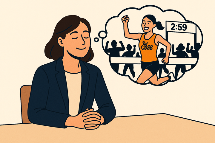 A woman in office clothes sits calmly at a table, visualising herself running a 2:59 marathon in a SUB-3 vest, arms raised at the finish, inside a bold thought bubble.