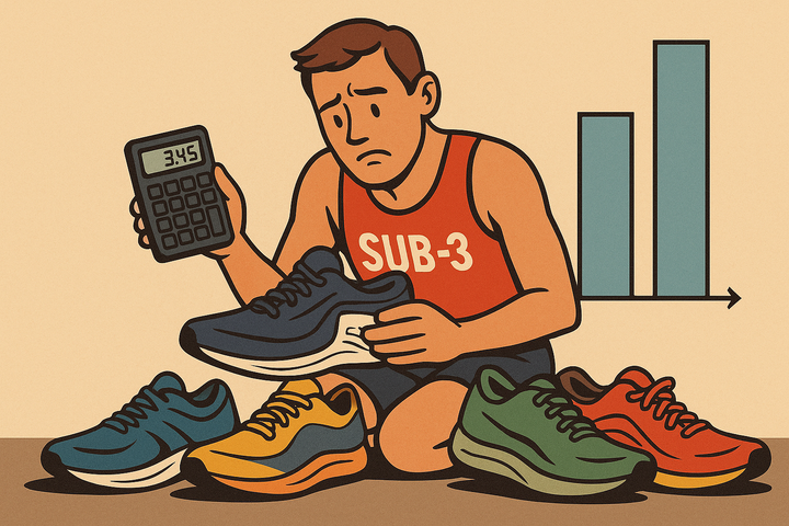Stylised cartoon of a runner in a SUB-3 vest holding a calculator and examining shoes on the floor, with a bar graph behind him illustrating cost-per-km comparison.