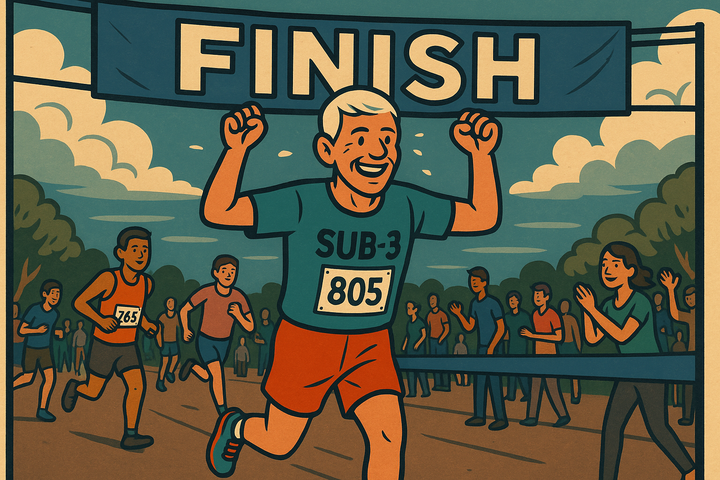 Cartoon of an elderly man in a “SUB-3” shirt crossing the marathon finish line, smiling with arms raised. Other runners and cheering spectators fill the background.