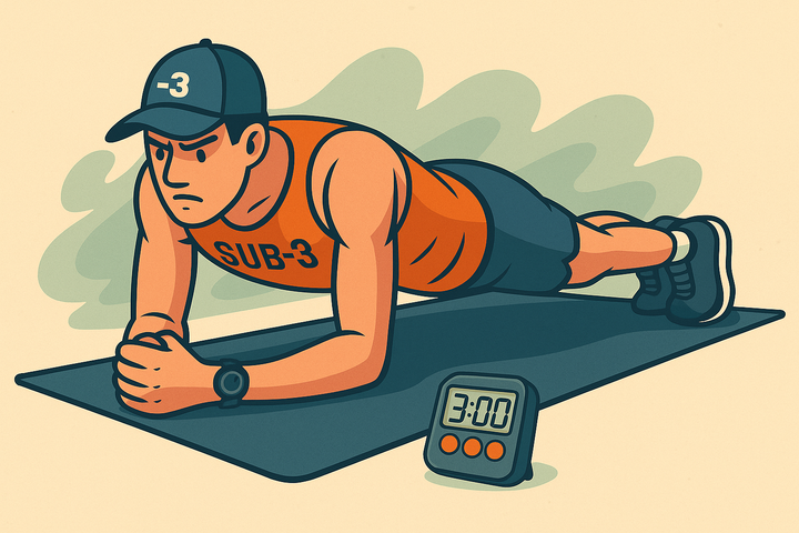 A stylised cartoon of a muscular sub-3 runner holding a forearm plank on a yoga mat, with a timer on the floor showing 3:00 and a focused expression on his face.