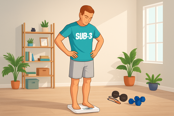 A fit male runner in a SUB-3 t-shirt stands on bathroom scales in a tidy modern home, hands on hips, evaluating his weight as part of his marathon training plan.