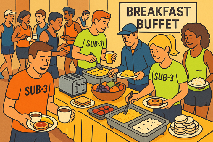 A colorful cartoon shows marathon runners in SUB-3 t-shirts lining up at a hotel breakfast buffet, choosing carb-rich foods to fuel their upcoming race effort.
