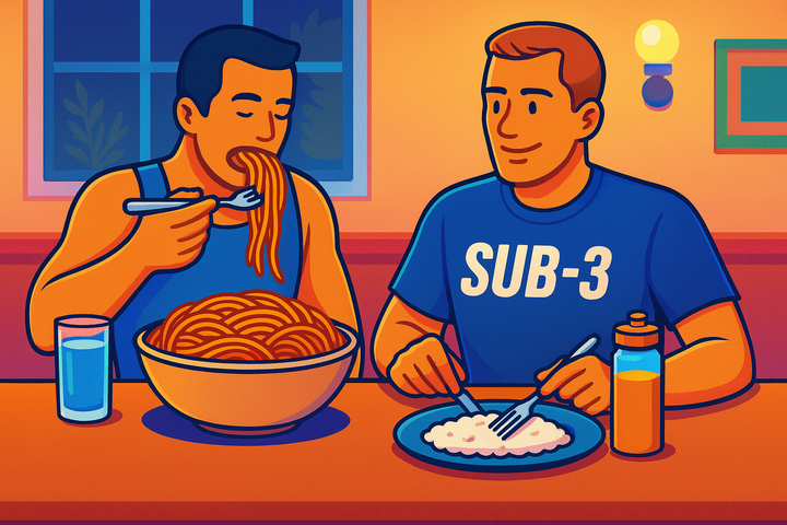Two men eating dinner side by side in a restaurant. One devours a giant bowl of pasta; the other, wearing a "SUB-3" shirt, eats white rice with a fork and knife.