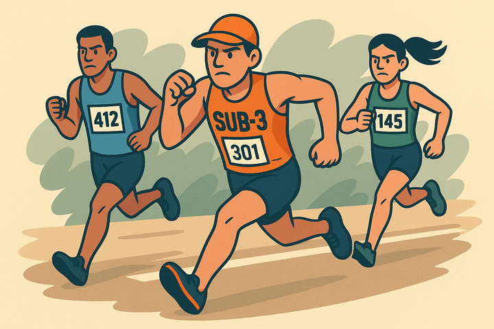 A stylized digital illustration shows three marathon runners sprinting side by side, all wearing race numbers, with one runner slightly ahead in an orange SUB-3 singlet.