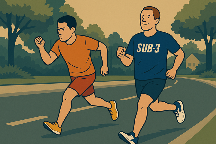 Stylised cartoon of a calm sub-3 runner jogging in a navy shirt while a younger runner in orange sprints ahead on a road, both heading the same direction.