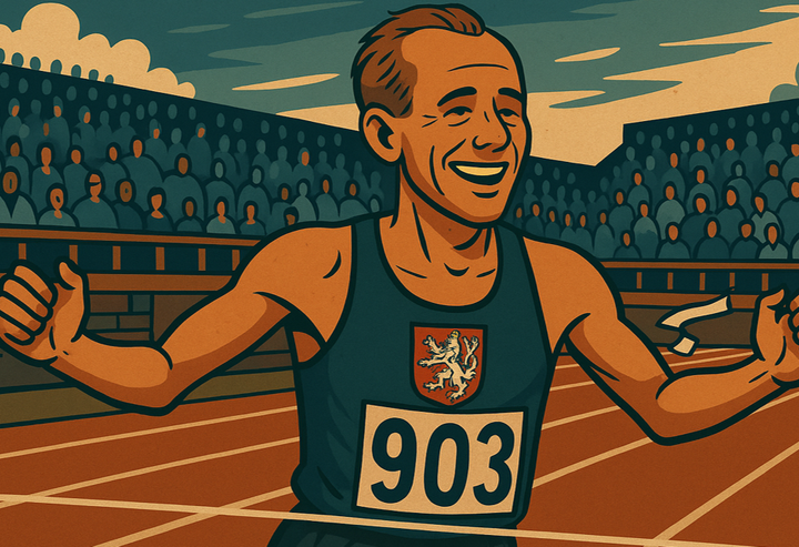 Stylized vintage illustration of Emil Zatopek crossing the finish line with arms raised, wearing a dark singlet with the Czech coat of arms and a race bib numbered 903.