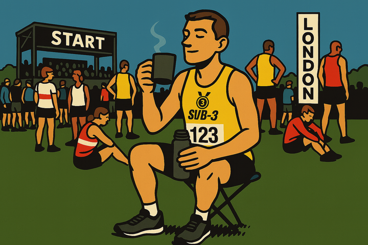 A calm runner in a yellow SUB-3 vest with race number 123 sips tea on a tripod stool in the London Marathon start pen. Others stand or sit on bin bags around him.