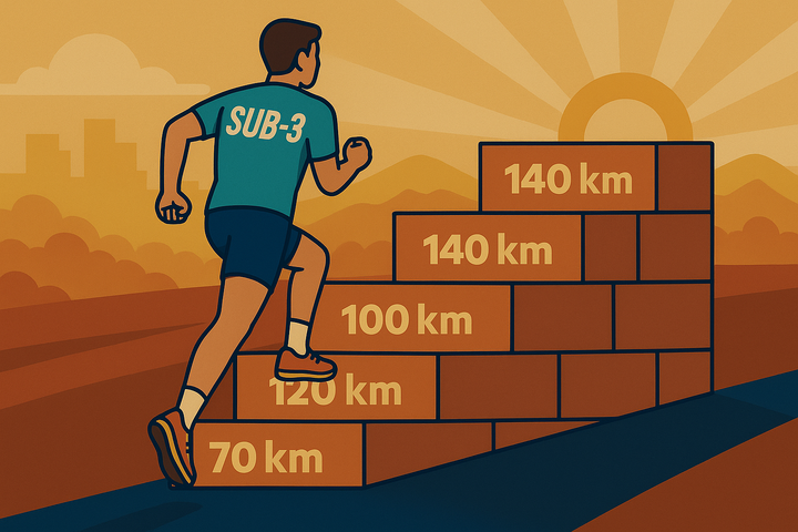 A male runner in a SUB-3 shirt ascends a staircase made of bricks labeled with weekly mileage targets from 70km to 160km, with a sunrise over hills in the background.