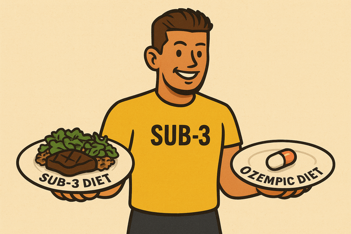 Cartoon man in a SUB-3 shirt holds two plates: one with steak and greens labeled "SUB-3 DIET," the other with a pill labeled "OZEMPIC DIET," symbolising a contrast.
