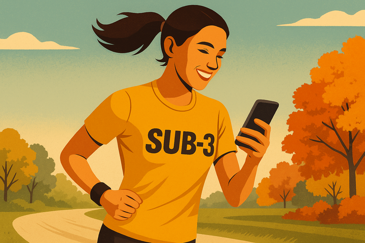 Stylised graphic of a smiling female runner in a yellow SUB-3 shirt jogging through an autumn landscape, checking her phone as she runs along a winding path.