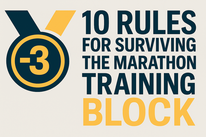 Bold graphic with the Sub-3 medal logo and headline: “10 rules for surviving the marathon training block” set against a clean light silver background.