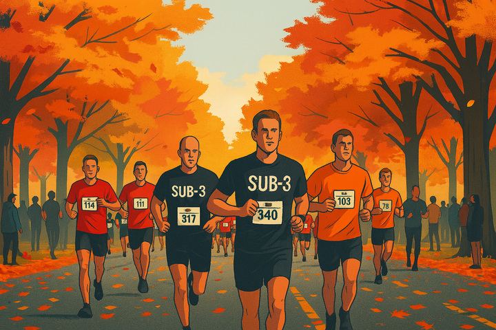 Stylised autumn marathon scene with runners on a tree-lined road. Several athletes wear black SUB-3 shirts, leading the pack beneath vibrant orange foliage.