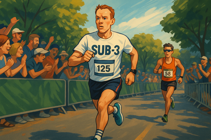 Stylised landscape illustration of a sub-3 runner leading a road race, wearing a SUB-3 shirt, pushing hard near the finish as the crowd cheers along a tree-lined route.