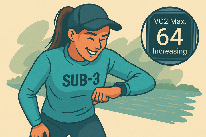 A fit female runner in a light-blue SUB-3 jacket smiles while checking her watch post-run, with an inset screen showing “VO2 Max Increasing” in stylised display.