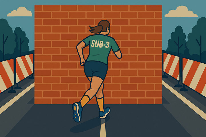 A female runner wearing a green "SUB-3" shirt and yellow socks charges toward a brick wall blocking a road, lined with red-and-white race barriers and trees.