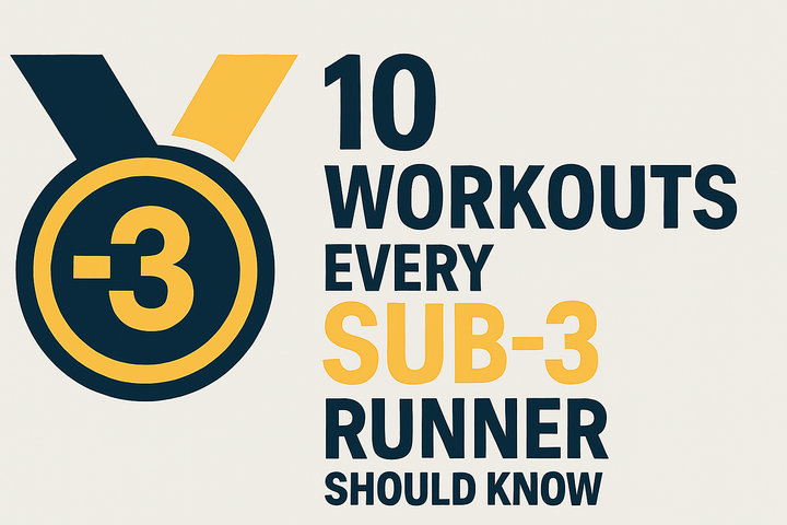 Bold graphic featuring the Sub-3 medal logo and the title “10 workouts every sub-3 runner should know” in clean, well-balanced text on a light silver background.