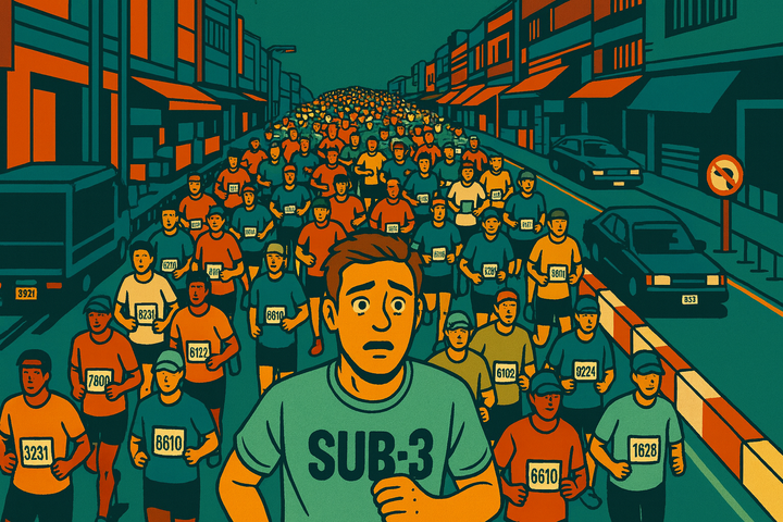 Stylised marathon scene with a crowded street of runners, a worried man in a SUB-3 shirt in the foreground, capturing the chaos of congestion.