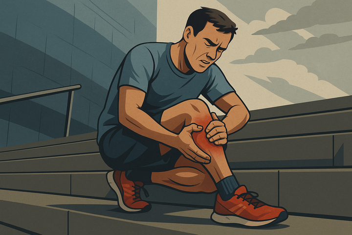 Stylised semi-realistic illustration of a male runner in blue shirt and shorts sitting on steps, grimacing in pain while holding his injured calf with both hands.